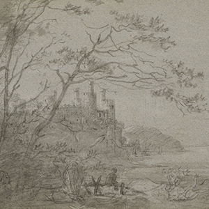 A Castle by a Lake and a Figure Seated on a Stile
